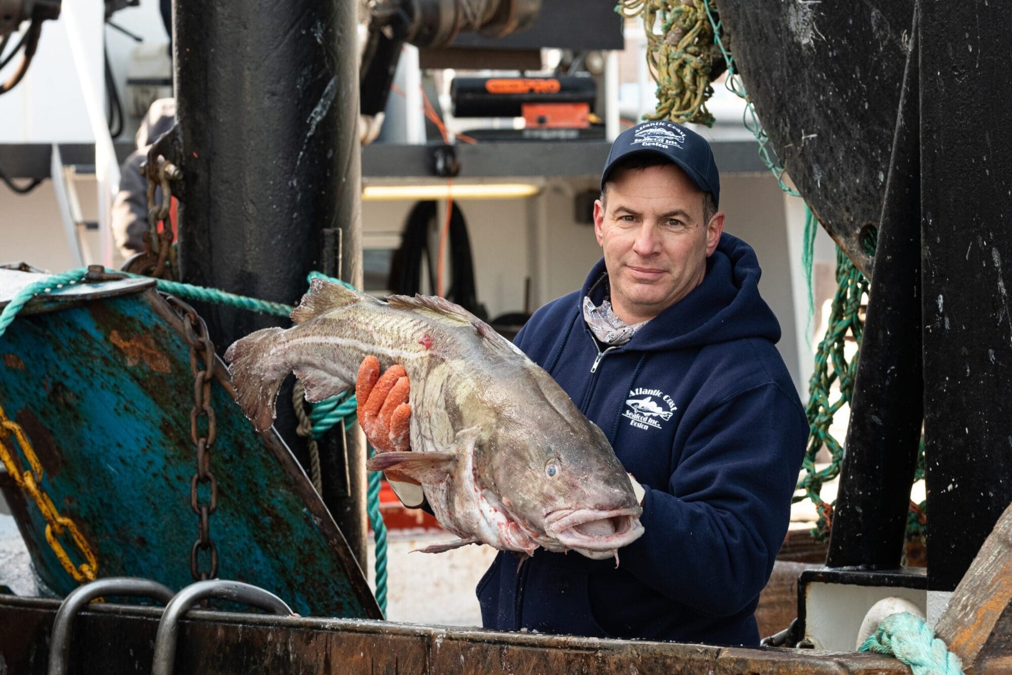 A person wearing a navy blue hoodie and matching cap holds a large fish on a fishing boat. The person is surrounded by fishing equipment, ropes, and chains. The boat appears to be in a working environment, possibly for commercial fishing.