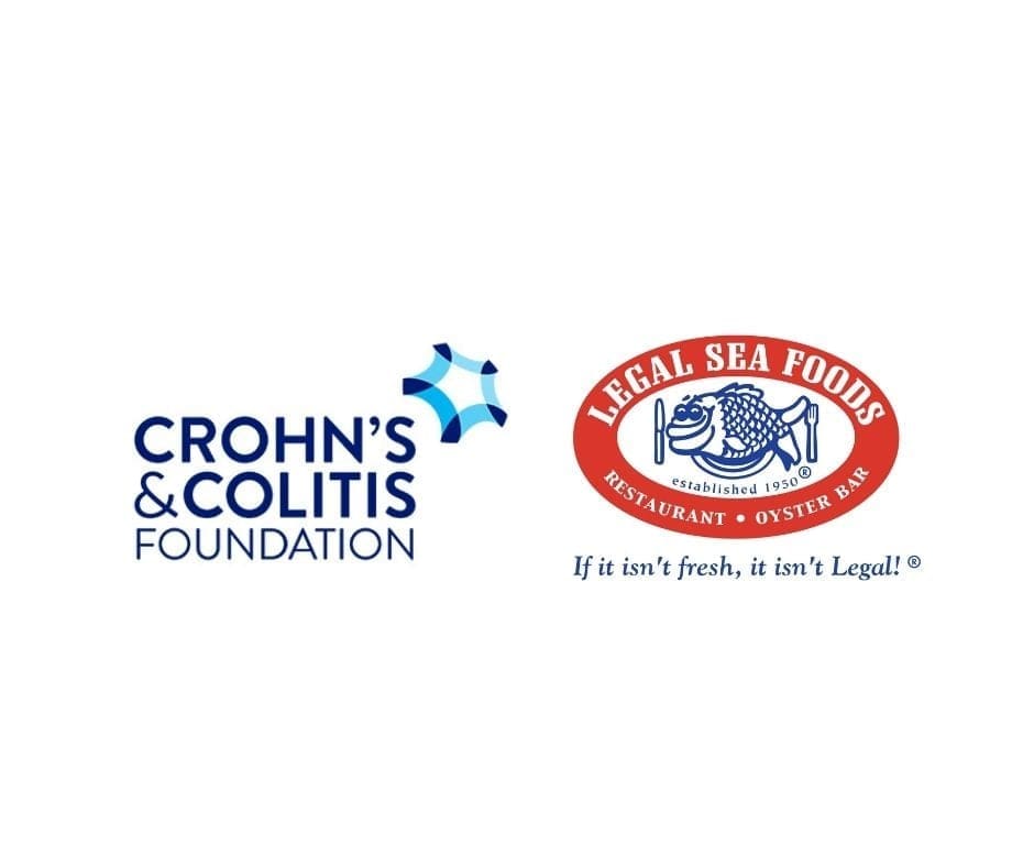 Logos of the Crohn's & Colitis Foundation and Legal Sea Foods. The Crohn's & Colitis Foundation logo features a blue geometric design, while the Legal Sea Foods logo includes a red oval with a fish illustration and the slogan, 