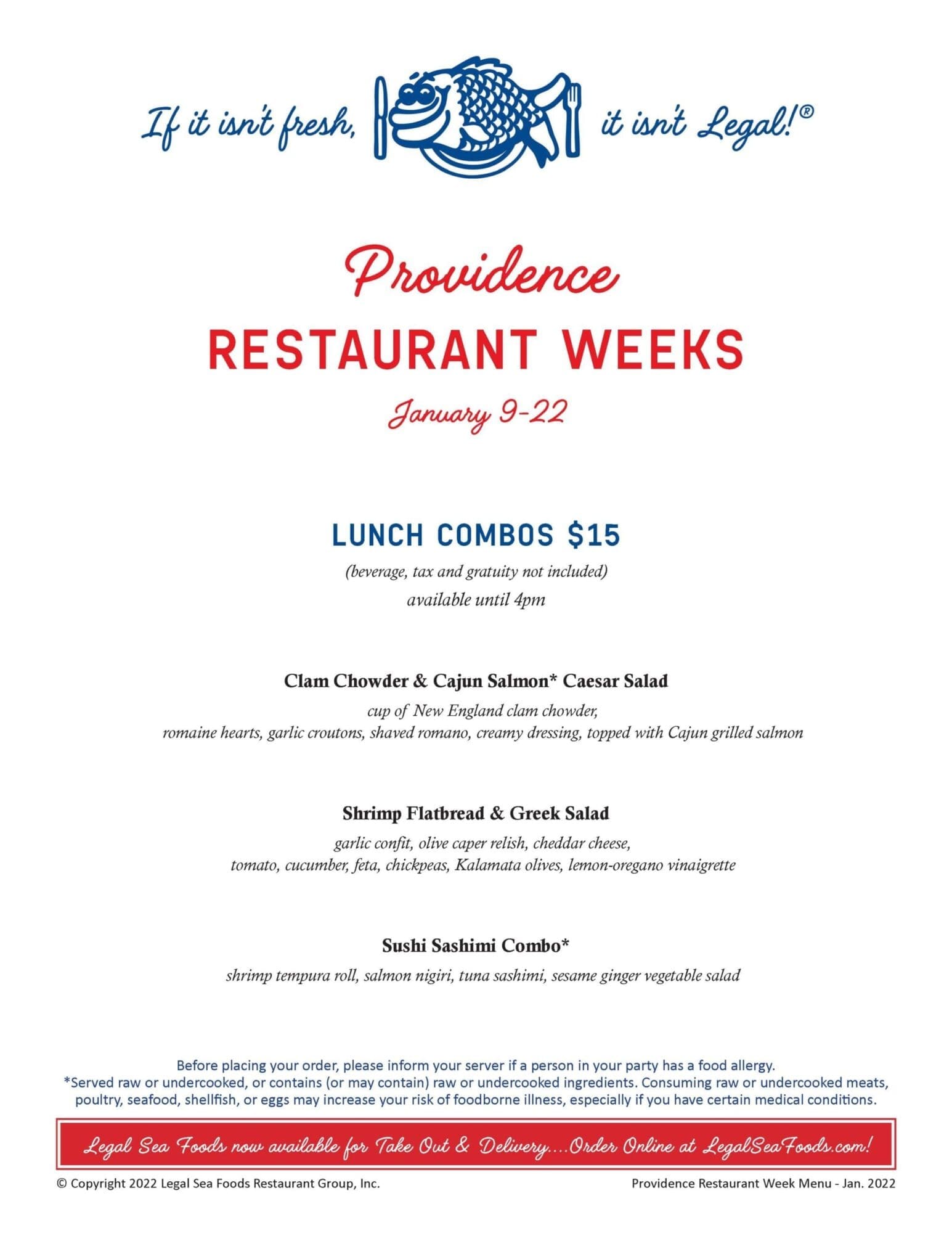 A restaurant menu for Providence Restaurant Weeks, dated January 9-22. Lunch combos are priced at $15 and include a Clam Chowder & Cajun Salmon Caesar Salad, Shrimp Flatbread & Greek Salad, and a Sushi Sashimi Combo with various sushi items.