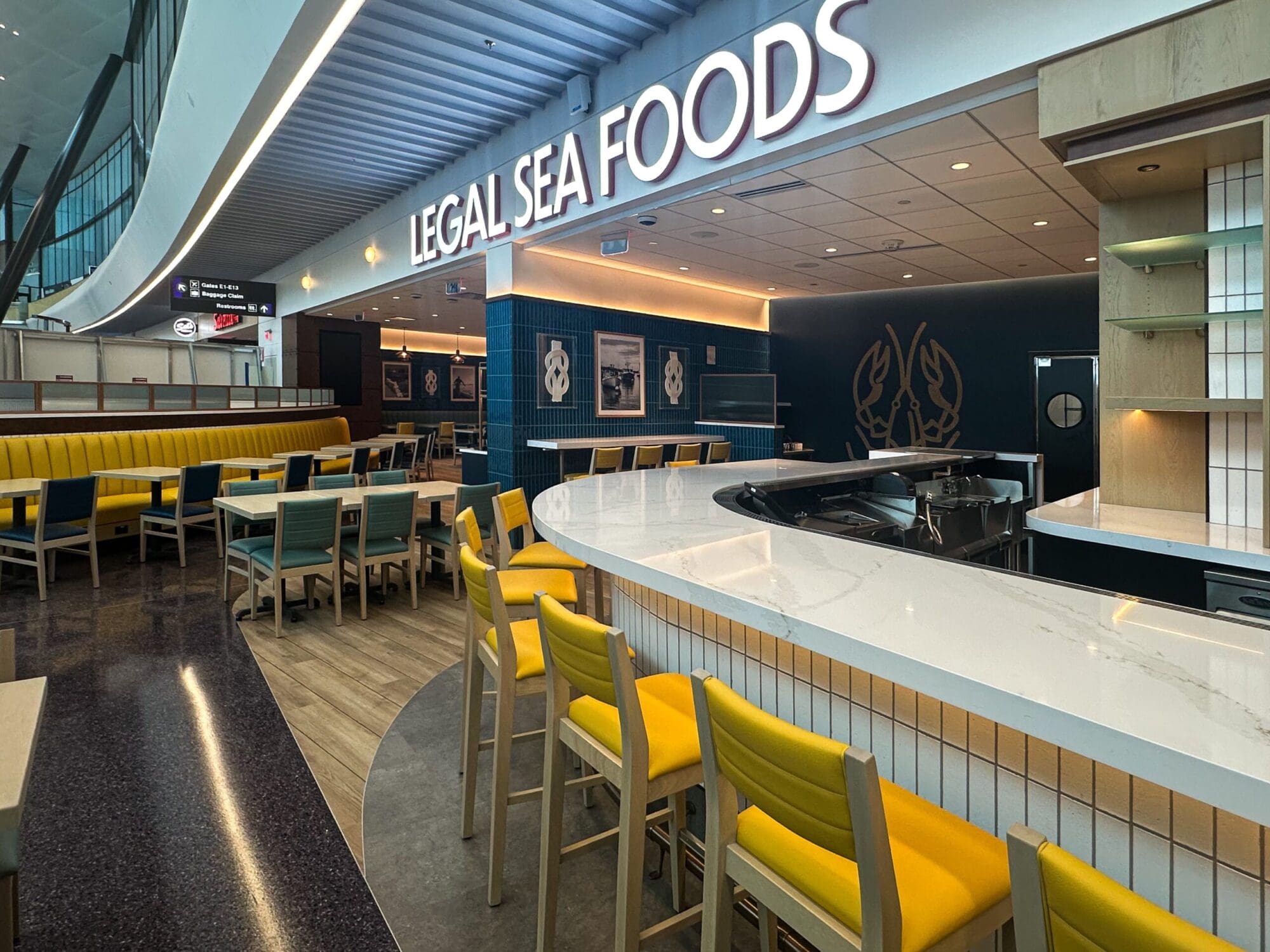 A modern seafood restaurant interior with the name 