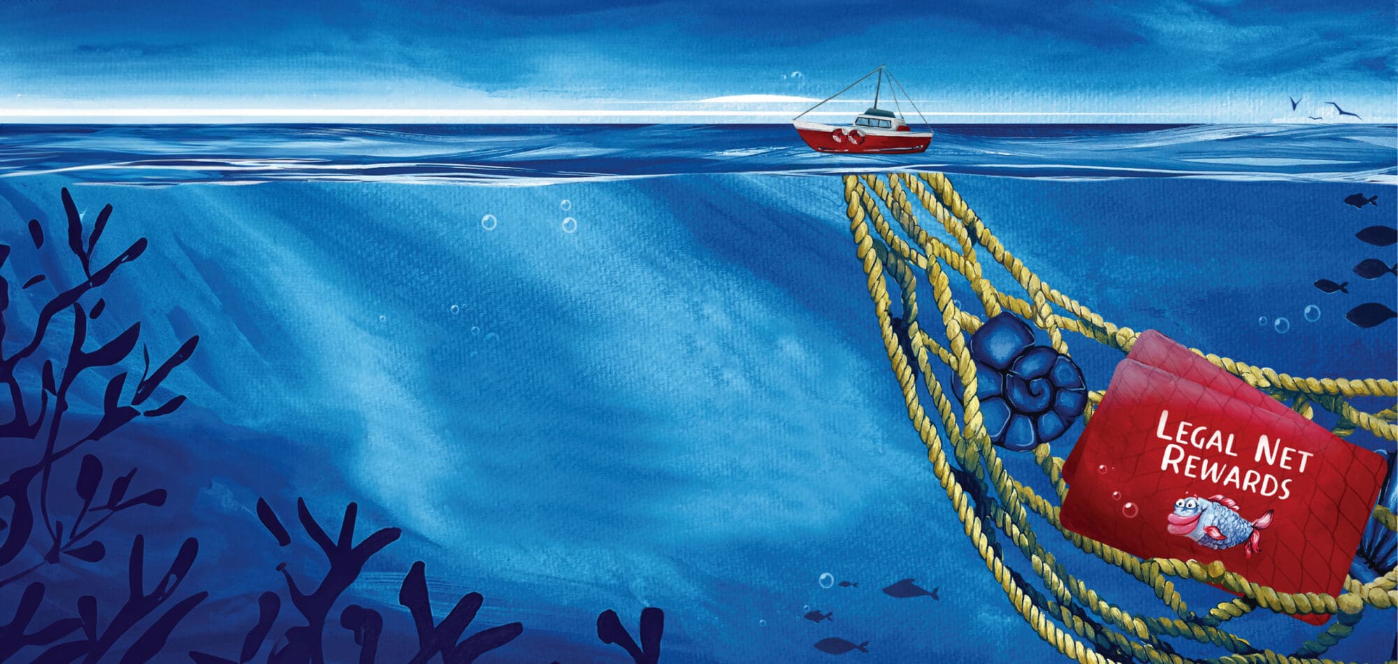 An underwater scene showing a small boat on the water's surface. A large fishing net extends from the boat into the ocean, containing a red card labeled 