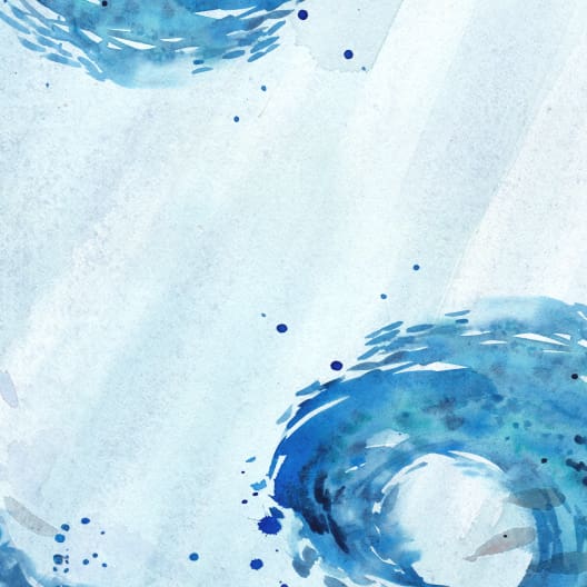 Abstract watercolor painting of swirling blue hues resembling whirlpools or ocean waves on a light blue textured background, interspersed with small splashes and dots of darker blue.