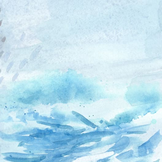 A light blue watercolor painting depicting an abstract landscape. The scene features soft brushstrokes that suggest a sky and possibly distant mountains, with flowing shapes in the lower half representing water or waves. The overall tone is serene and tranquil.