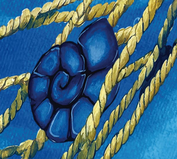 A deep blue, spiral-shaped seashell entwined in multiple thick, yellow ropes set against a textured, blue oceanic background. The image has an artistic, painted quality.