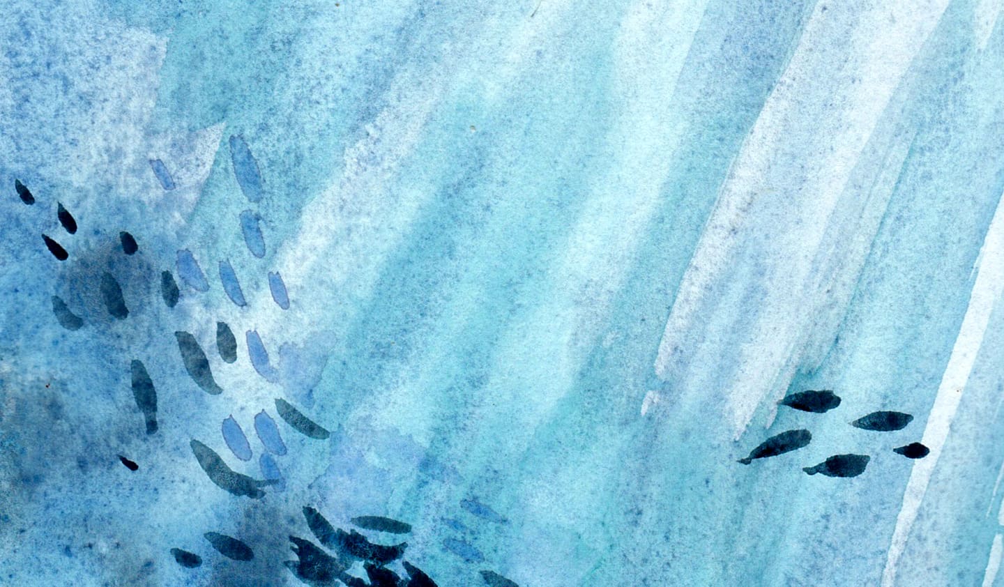 A watercolor painting depicts a serene underwater scene. Various shades of blue create a sense of depth and movement, while small black fish swim in groups, adding a dynamic element to the tranquil environment.