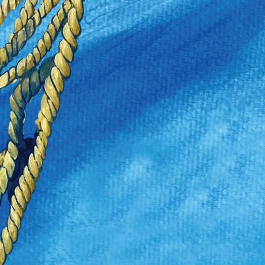 A close-up of a coiled yellow rope against a bright blue background, casting a shadow that creates a dynamic and textured visual effect. The image highlights the twisting pattern of the rope and the contrast between the rope and the background.