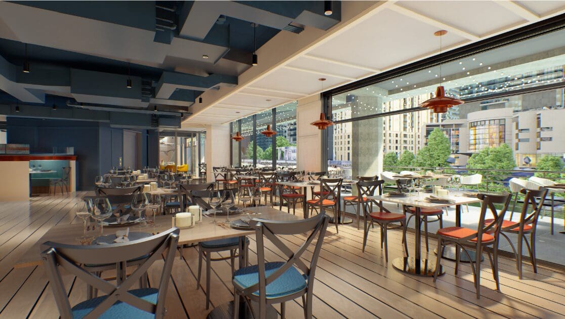 A modern restaurant with large windows and an outdoor view of city buildings and greenery. The interior features wooden floors, tables set with glassware, and mixed style seating with both chairs and booths. Hanging lights add a contemporary touch.