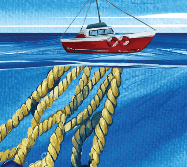 A red boat is floating on the ocean surface, tethered to thick, yellow ropes that extend underwater. The water beneath the boat is clear, revealing the network of ropes descending into the deep blue sea.