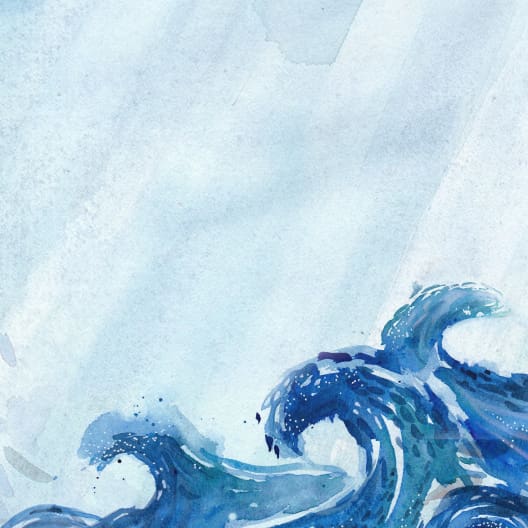 Abstract painting of a blue ocean wave against a light blue background. The wave is depicted with varying shades of blue and splashes of white, giving a sense of motion and energy.