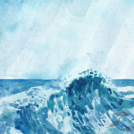 A watercolor painting depicts a turbulent ocean with churning waves and splashes of water. The sky above is filled with various shades of blue, giving a sense of depth and motion to the scene. The overall mood is dynamic and lively.