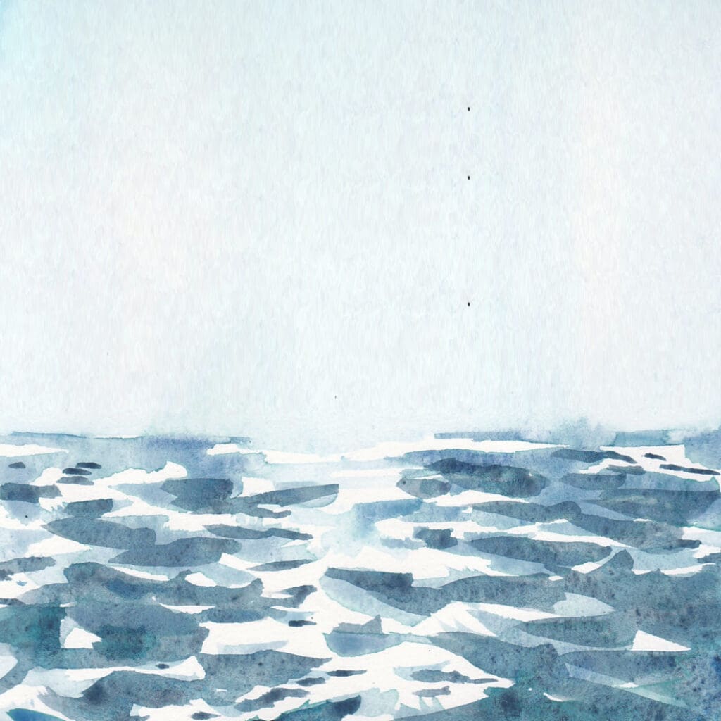 A watercolor painting depicts a serene ocean scene. The sea has gentle waves in shades of blue and white, reflecting the peaceful ambiance of the water with a clear sky above.