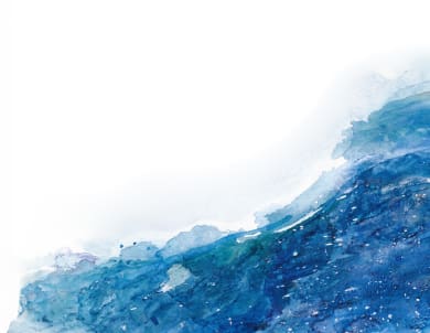 Abstract water-themed painting with shades of blue and white. The lower right portion is dominated by rich, deep blues with a scattering of white specks, transitioning to lighter hues and a white background in the upper left, creating a fluid, wave-like effect.