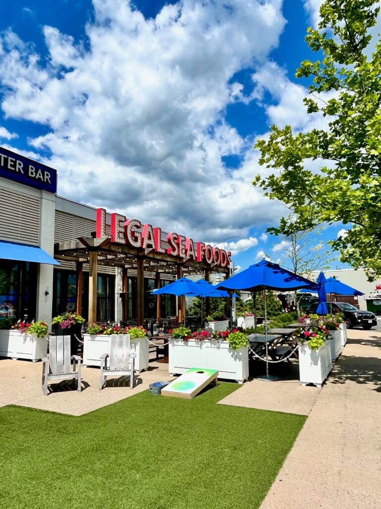 A seafood restaurant with a red sign reading 