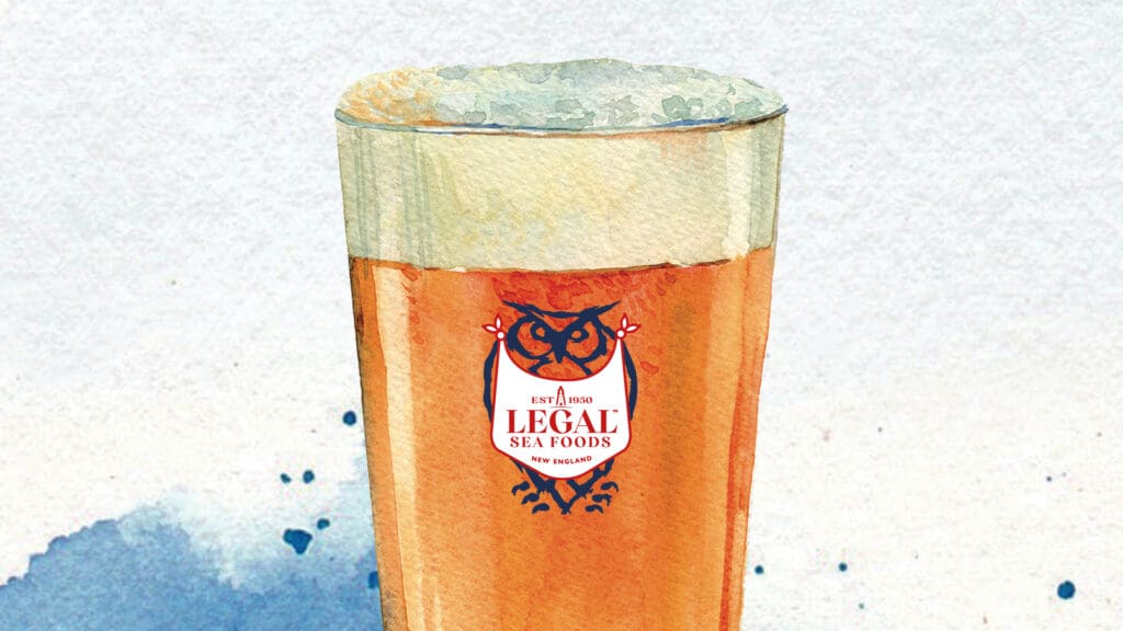 A watercolor-style painting of a tall glass filled with frothy beer. The glass is labeled with the 