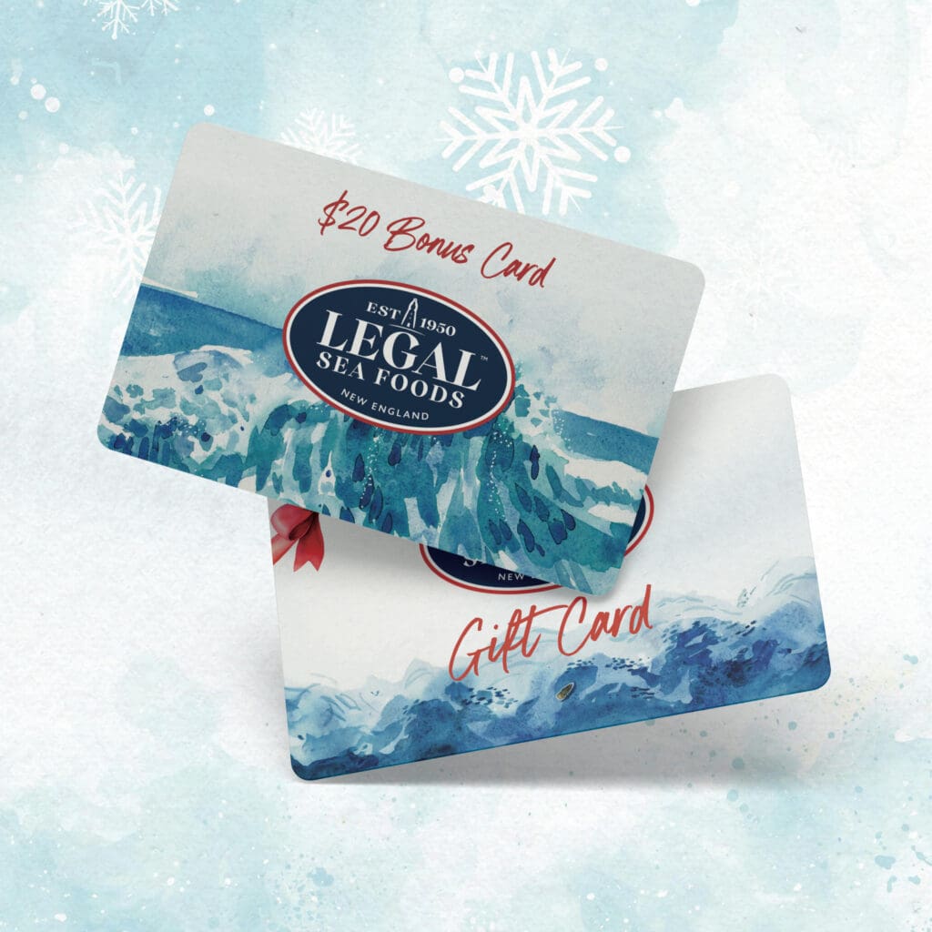 Two Legal Sea Foods cards on a snowy background: one labeled 