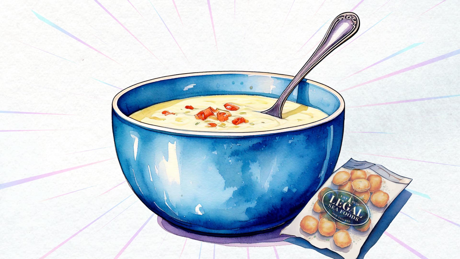 A vibrant illustration of a blue bowl filled with chowder, garnished with herbs and bits of bacon. A spoon rests inside the bowl. Next to it, there's a packet of oyster crackers labeled 