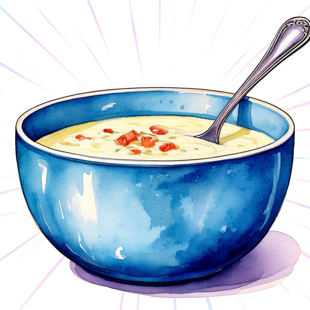 A blue bowl filled with creamy soup, topped with small pieces of red garnish. A silver spoon rests inside the bowl. The background has light sunburst patterns.