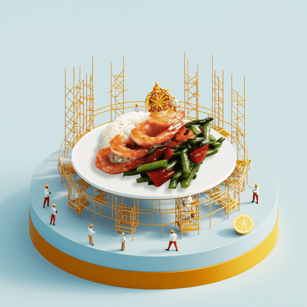 A plate of rice with shrimp and vegetables is elevated on a blue circular platform. Tiny figurines in hard hats appear to be constructing the platform, with scaffolding around it. A slice of citrus is attached to the structure.