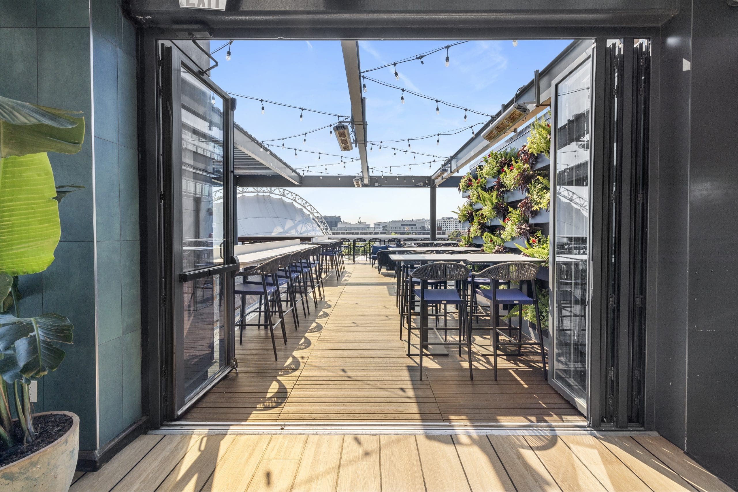 Rooftop patio with wooden flooring, string lights overhead, tables and chairs arranged on either side. A vertical garden decorates the right wall. The view extends to a cityscape under a clear blue sky.